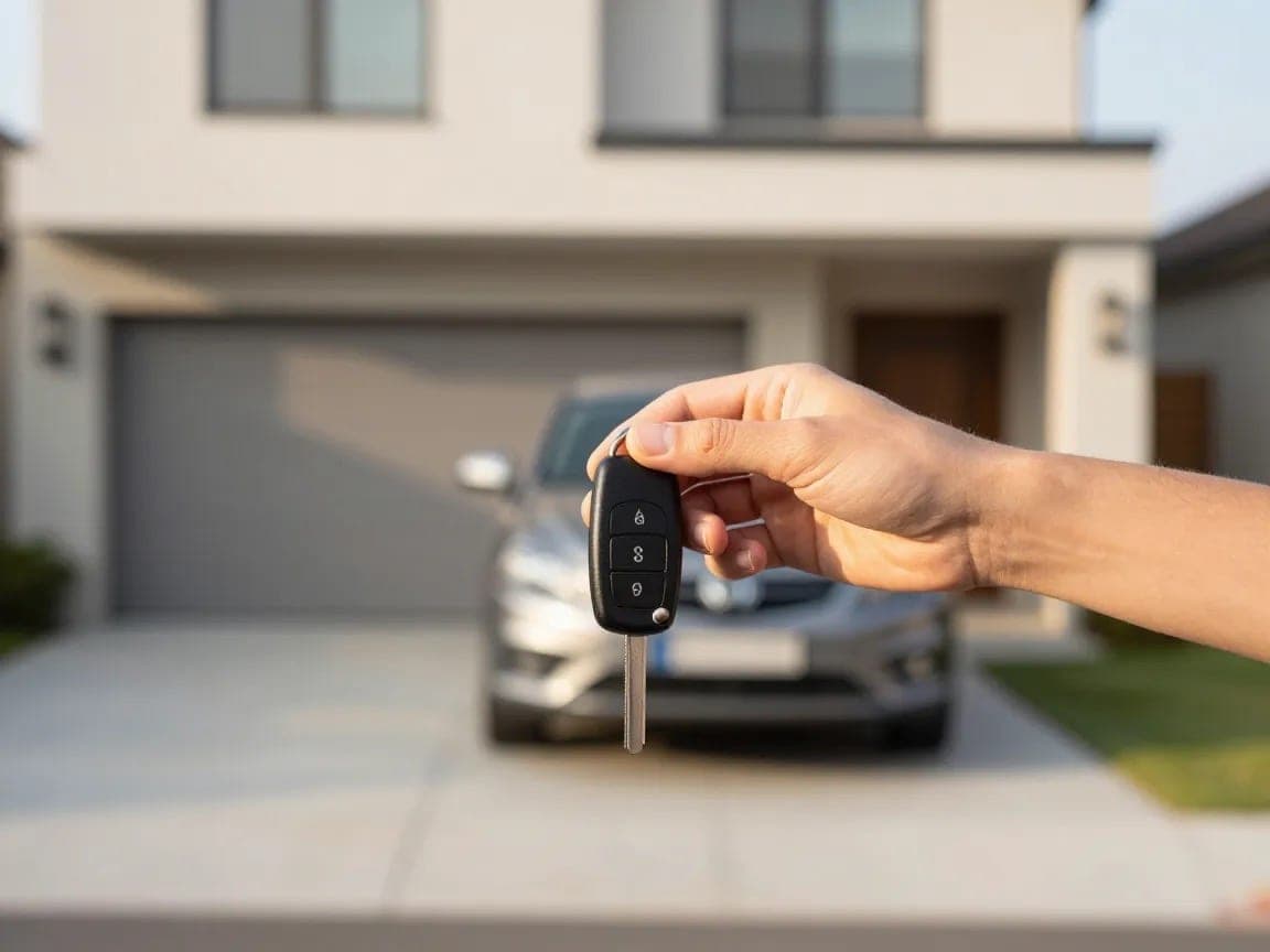 Übergabe der Autoschlüssel vor einem Haus