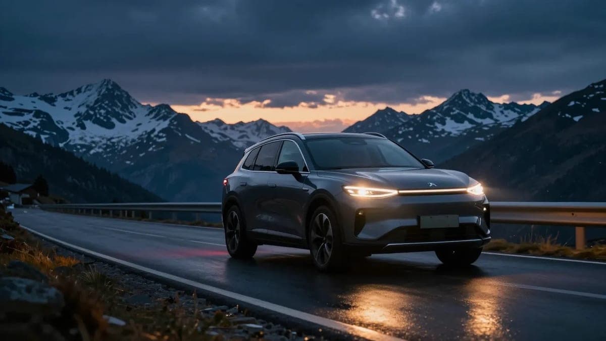 Auto auf einer Alpenstrasse in der Abenddämmerung